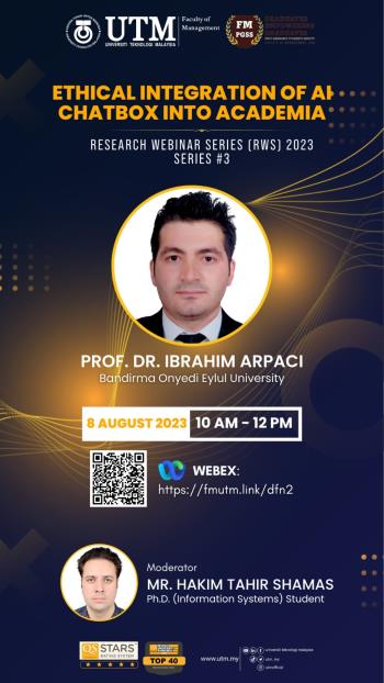 Prof. Dr. İbrahim ARPACI tarafından Universiti Teknologi Malaysia (UTM)' de Webinar Düzenlendi